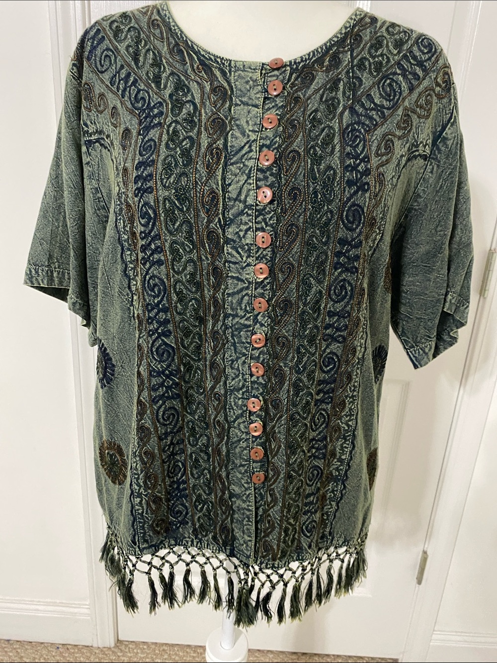 Embroidered Blue/Gray Boho Button-Front Vintage Top with Fringe Made in  India